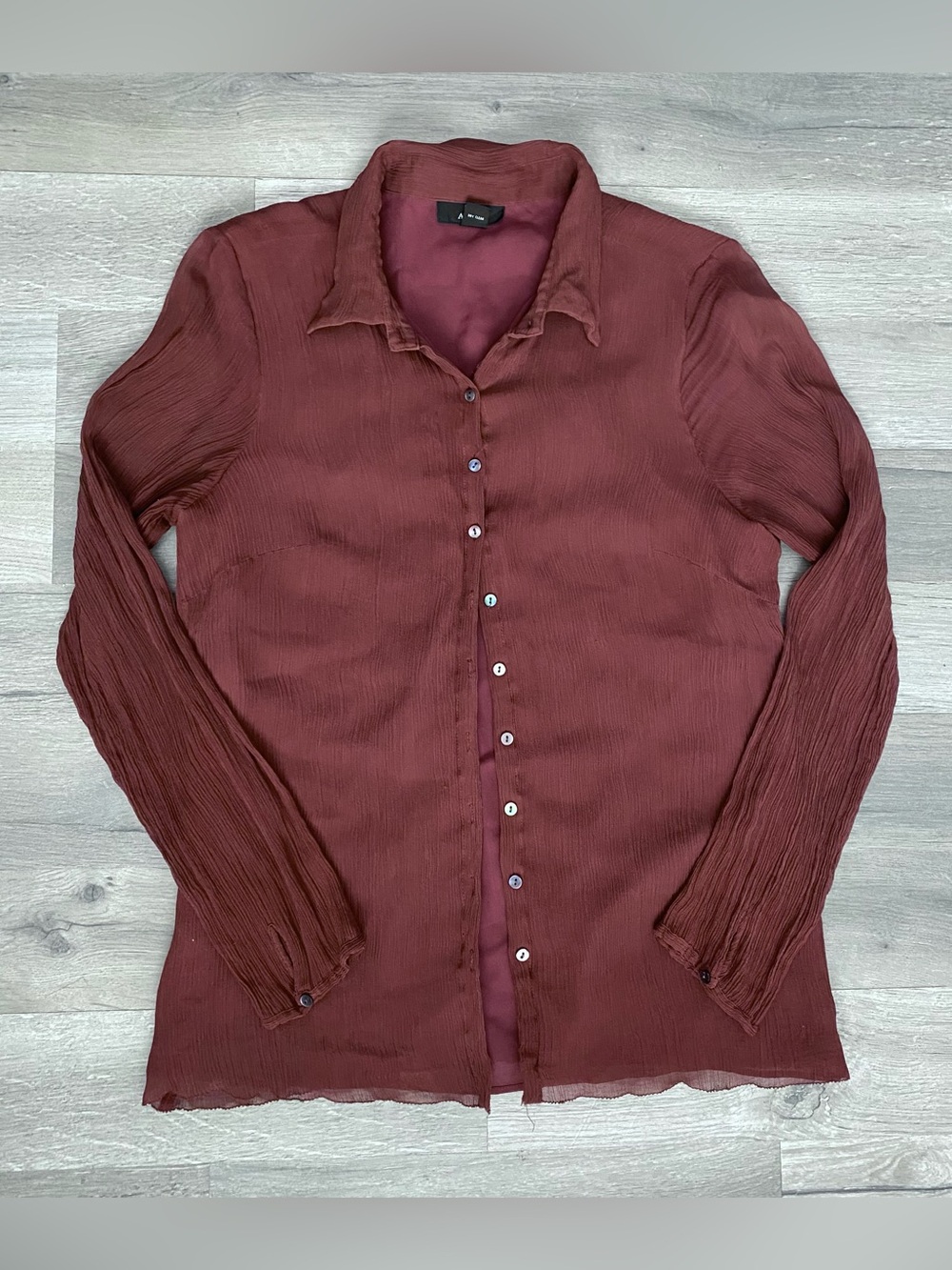 Alfani Brown Silk Blouse Sheer Pleated Sleeves Button Front Lined Top Size 10